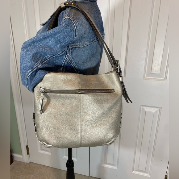 Coach metallic in soft neutral hobo bag. Zip top and side. Adjustable strap. - Picture 4 of 12